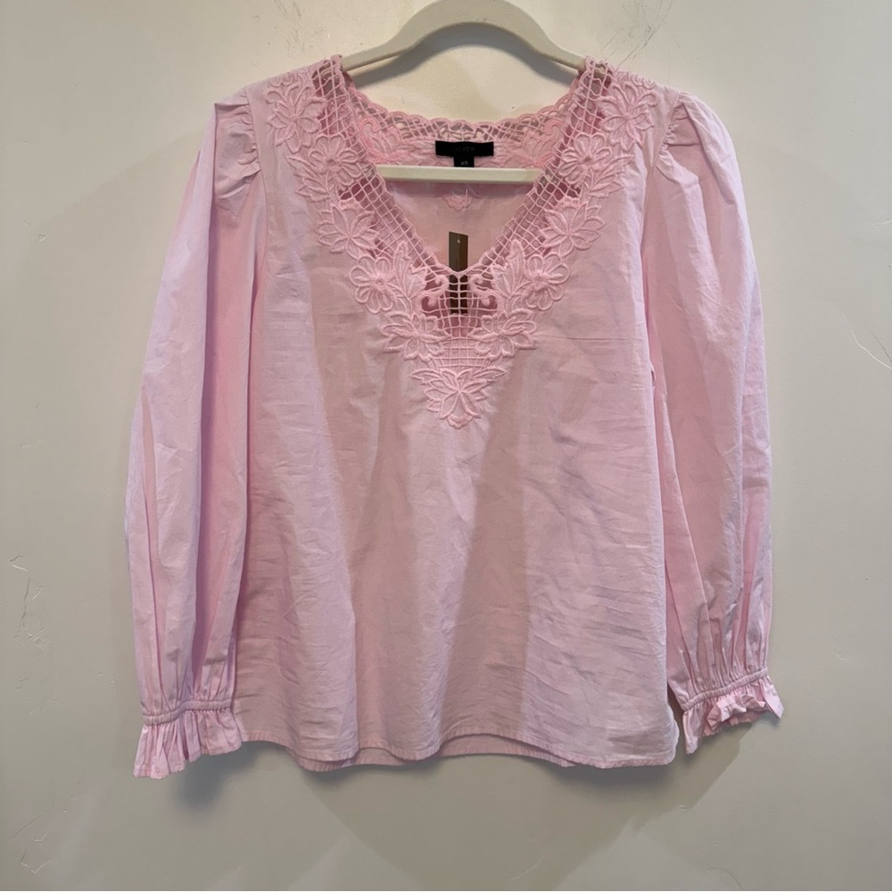 J. CREW S V-Neck Top Eyelet Trim Pink BL038 Spring Summer - Picture 1 of 7